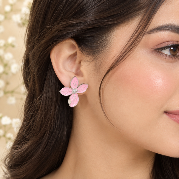 Pink Floral Enamel Stud Earrings Anti-Tarnish