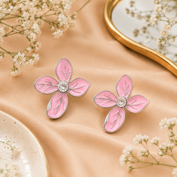 Pink Floral Enamel Stud Earrings Anti-Tarnish