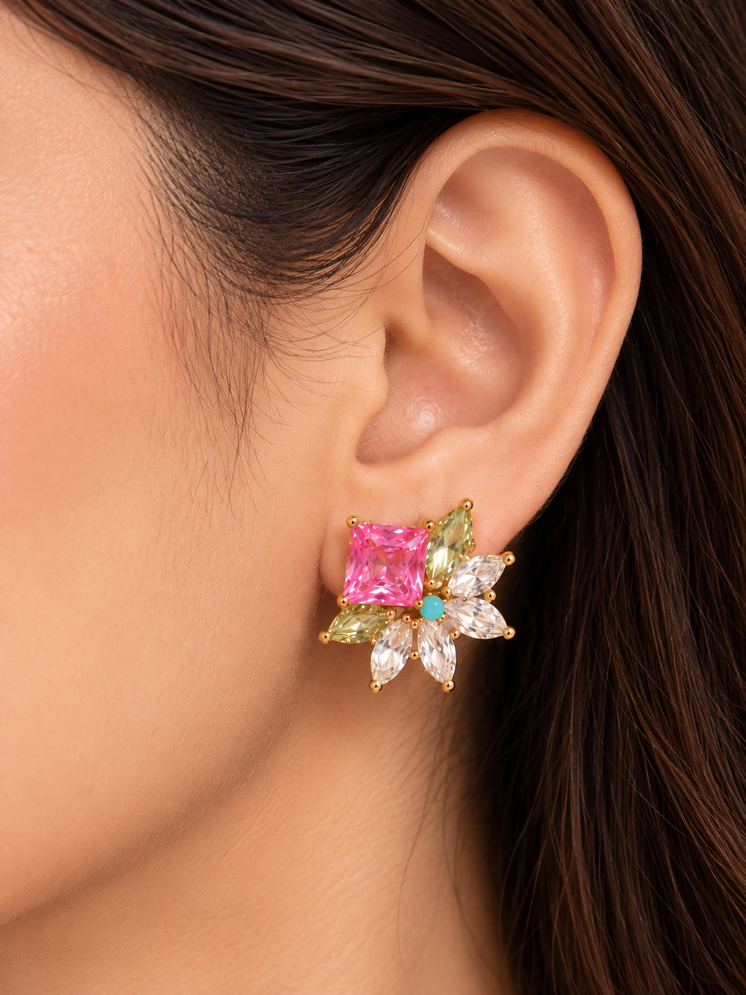 Pink Crystal Floral Statement Earrings Leaf Shape
