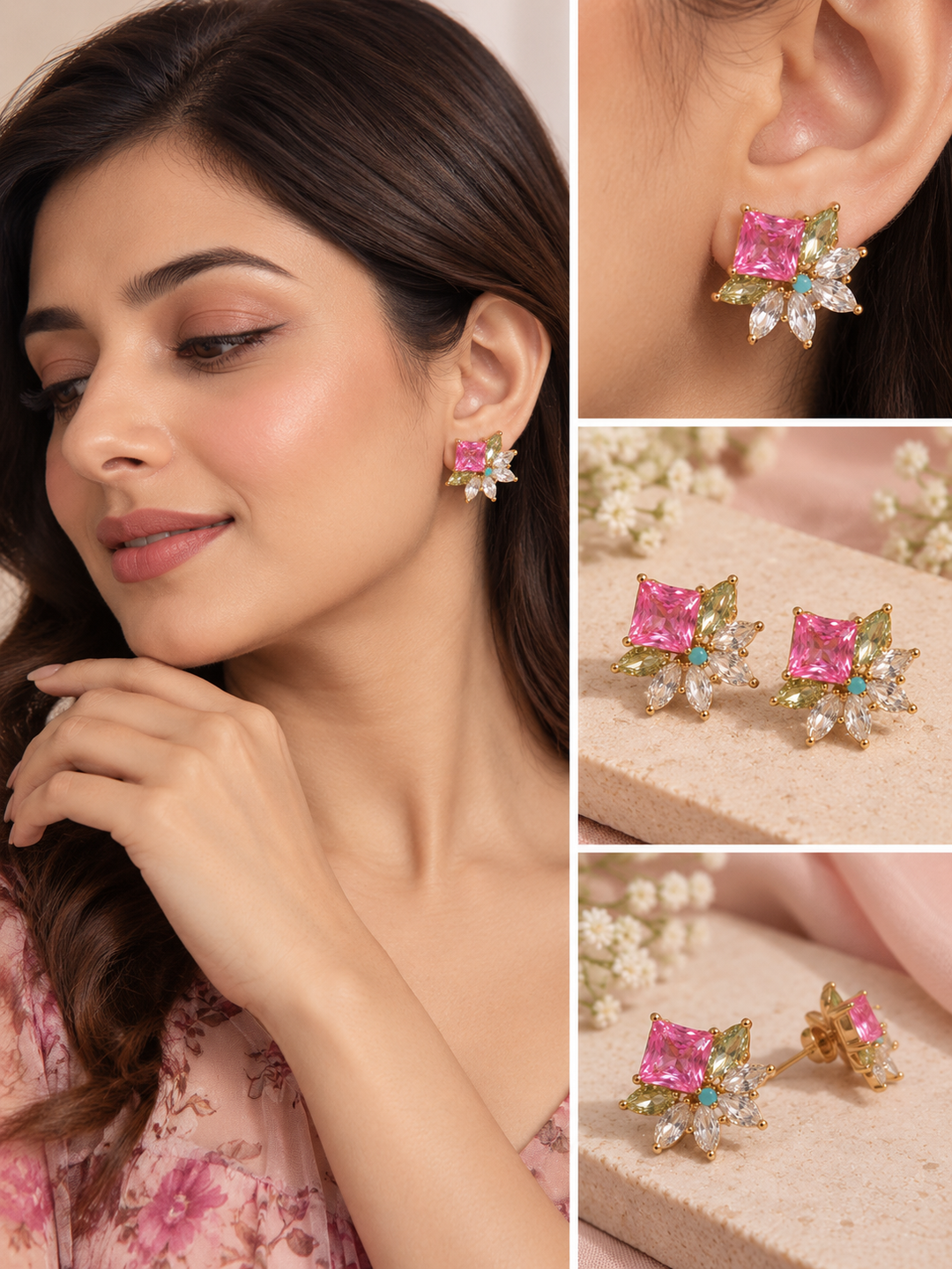 Pink Crystal Floral Statement Earrings Leaf Shape