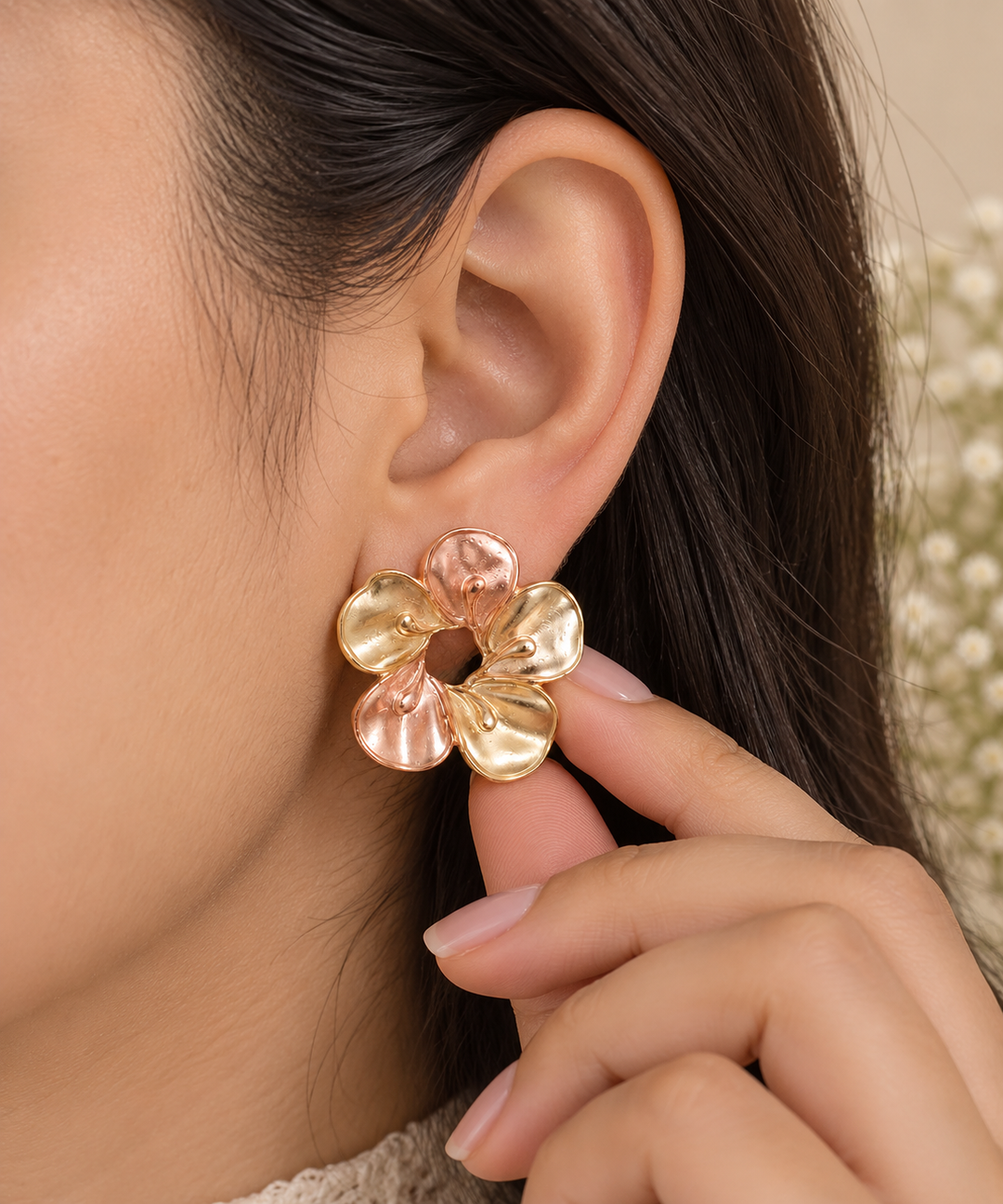Dual-Tone Lotus Earrings with Sculpted Petals Anti Tarnish