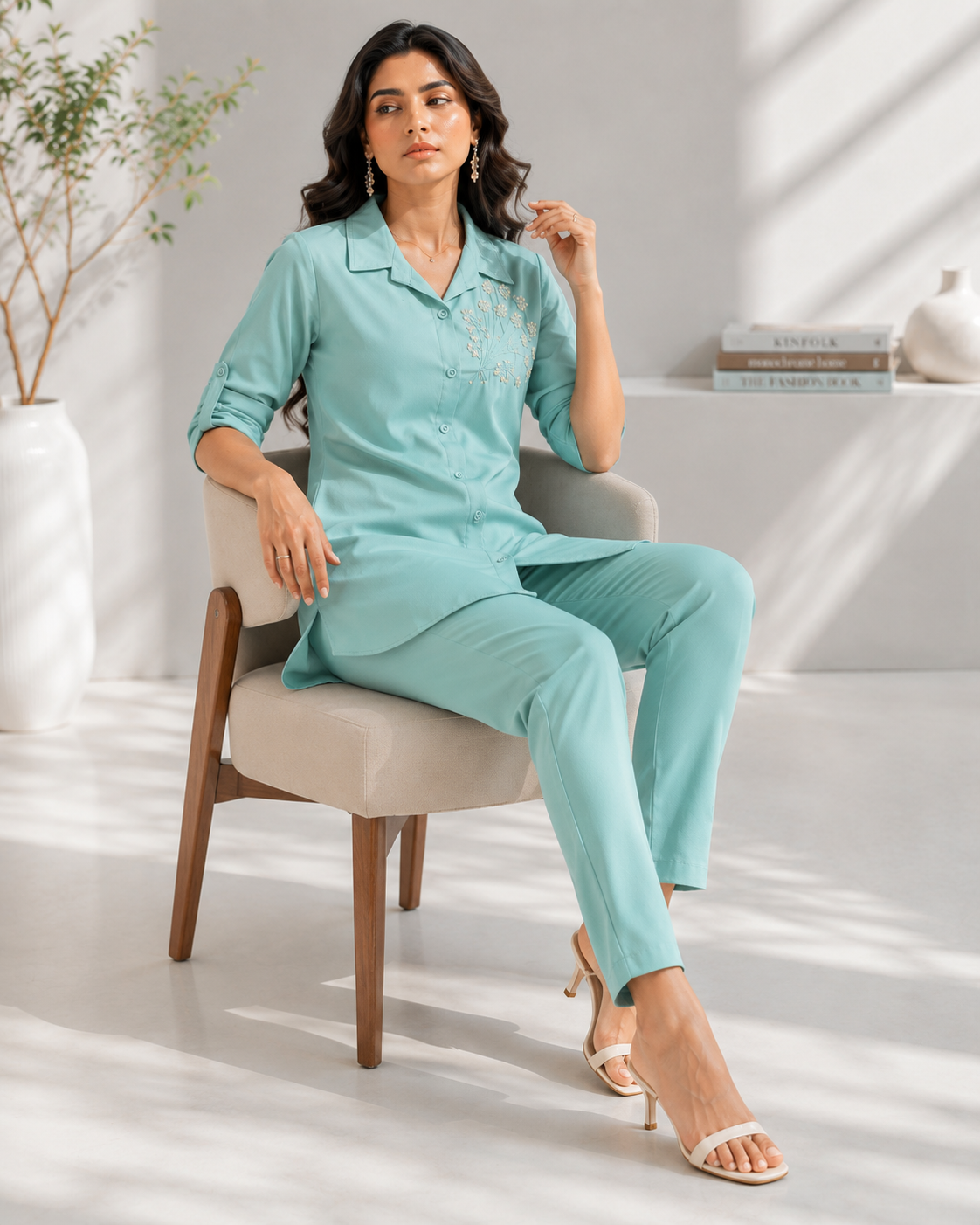 Classy Mint Green Pearl Appliqué Co-Ord Set for Women - PRAVtown