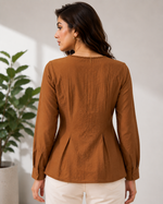 Load image into Gallery viewer, Coffee Brown Shop Stylish Lace Trim V Neck Top - PRAVtown
