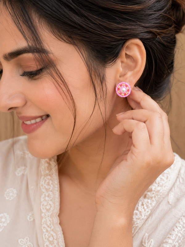 Colourful Pink Beaded Pearl Stud Earrings Handmade - PRAVtown
