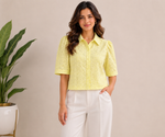 Load image into Gallery viewer, Crop Shirt Top with Eyelet Embroidery and Collared Neck - PRAVtown
