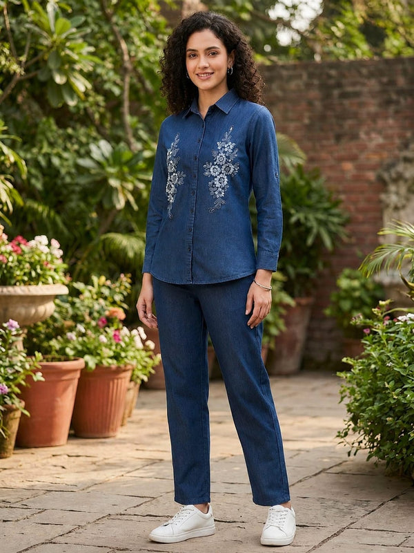 Dark blue embroidered denim coord set for women