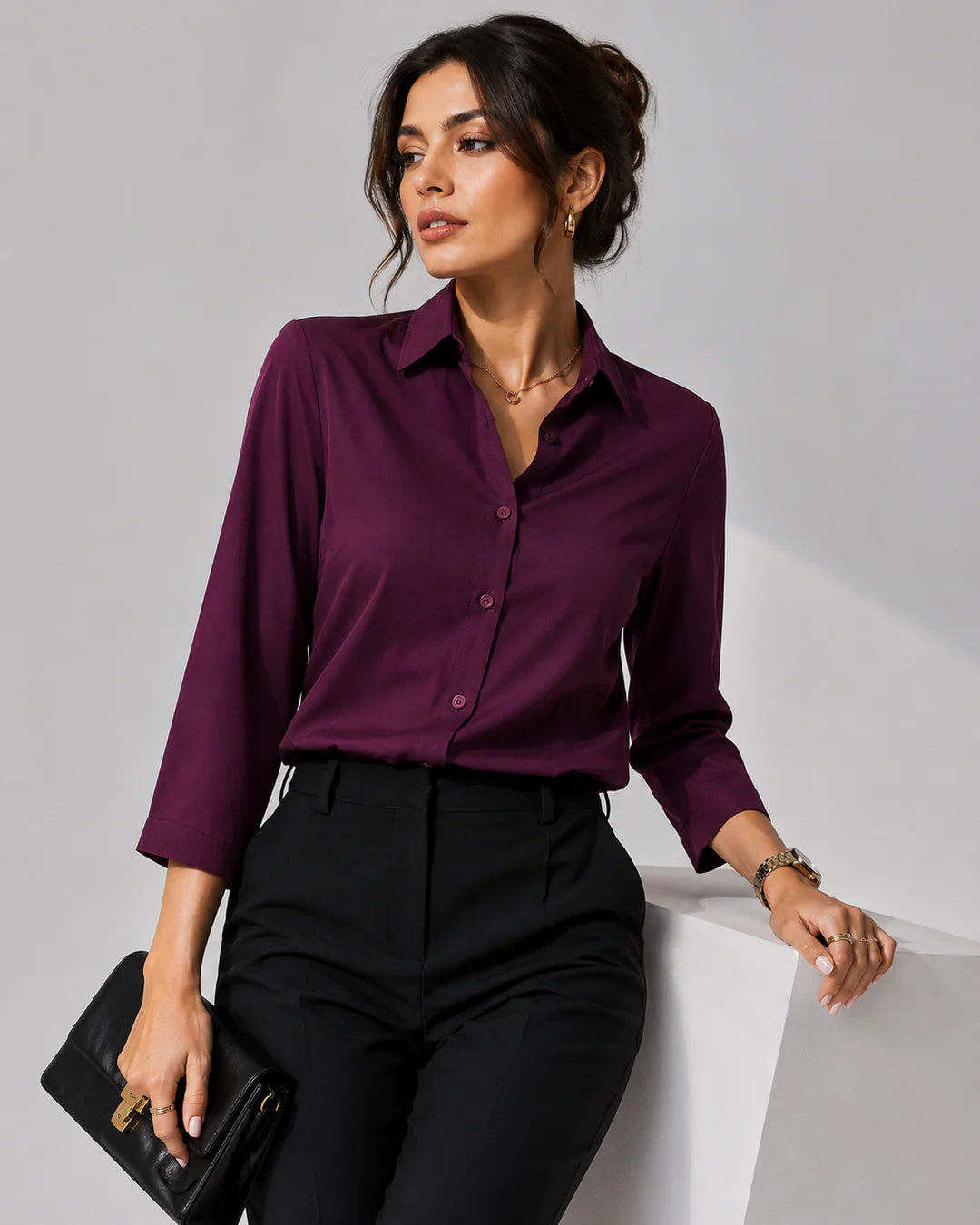 Deep Wine Formal Collared Button-Down Shirt for Women - PRAVtown
