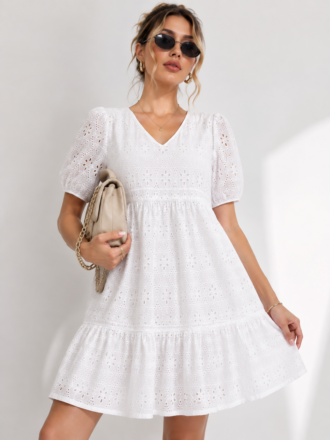 Elegant White Puff Sleeve Eyelet Embroidered Midi Dress - PRAVtown