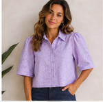Load image into Gallery viewer, Eyelet Top for Women with Collared Neck and Short Sleeves - PRAVtown
