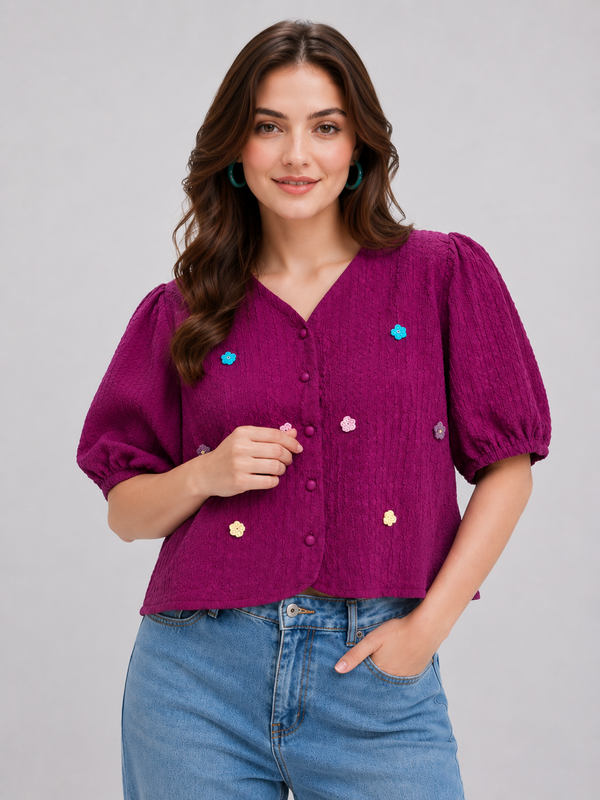 Floral Embroidery Deep Magenta Crop Top - PRAVtown