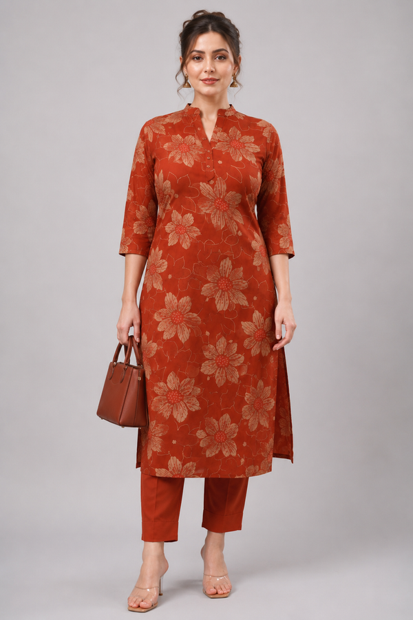 Floral Printed Long Co-Ord Set Straight Kurta & Pant Set - PRAVtown