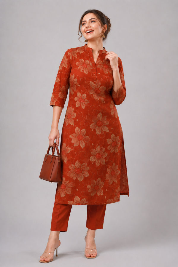 Floral Printed Straight Kurta Pant Set for Women - PRAVtown