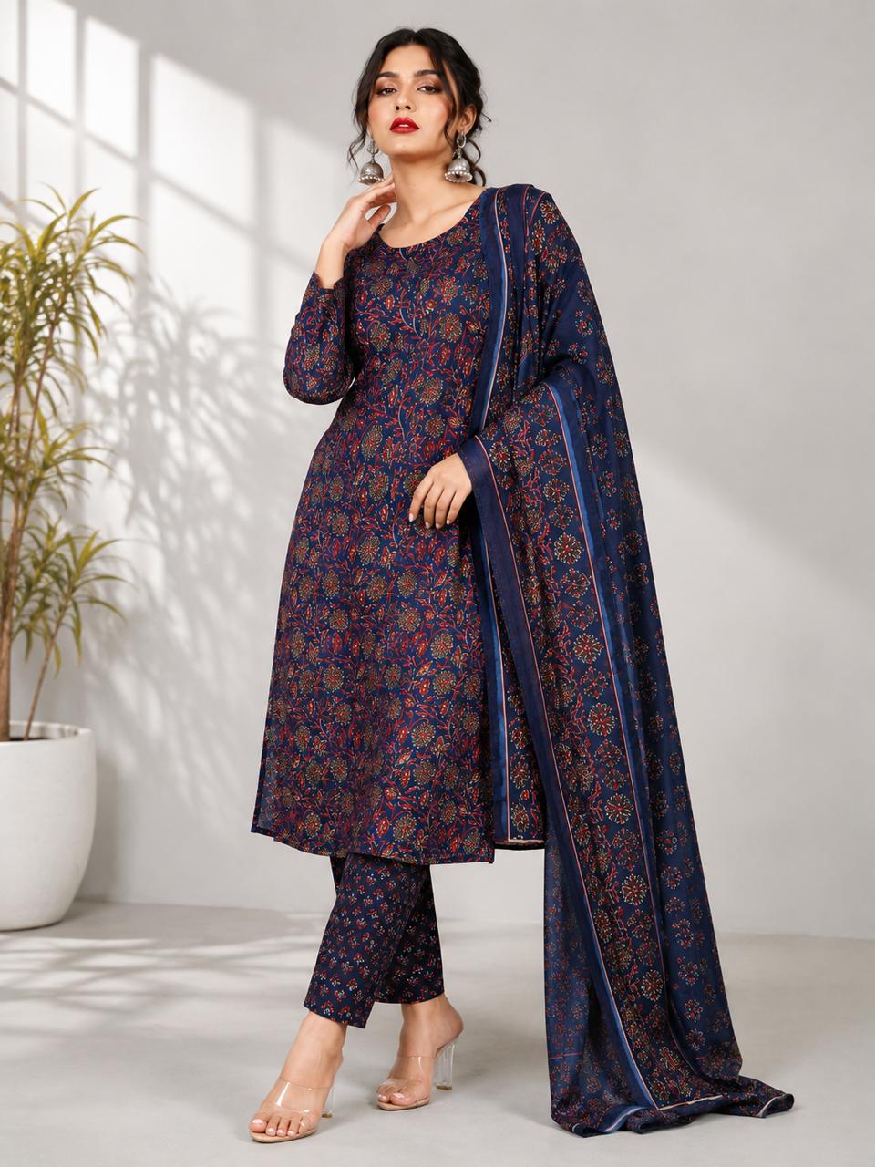 Floral Printed Straight Kurta Pant Set with Dupatta - PRAVtown