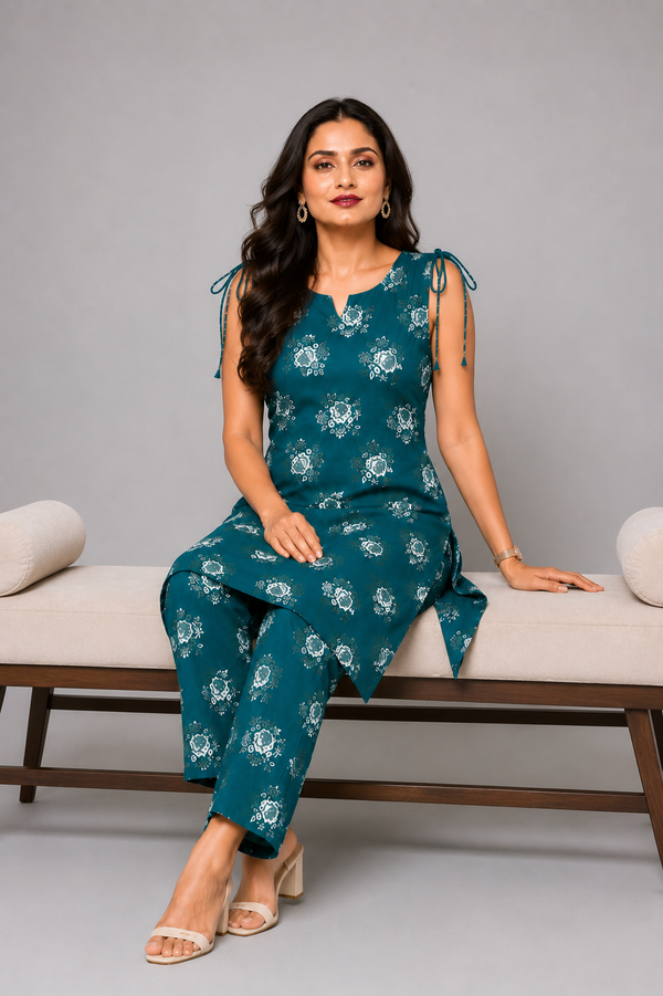 Floral printed sleeveless teal blue co-ord set - PRAVtown
