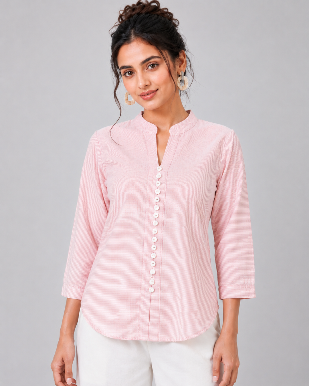 Front Button Pink Tunic Top with Curved Hem at PRAVtown