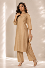 Load image into Gallery viewer, Golden Shimmer Kurta Pant Set for Festive Occasions - PRAVtown
