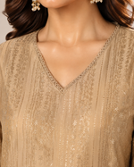 Load image into Gallery viewer, Golden Shimmer Kurta Pant Set with Lace Neck Detailing - PRAVtown
