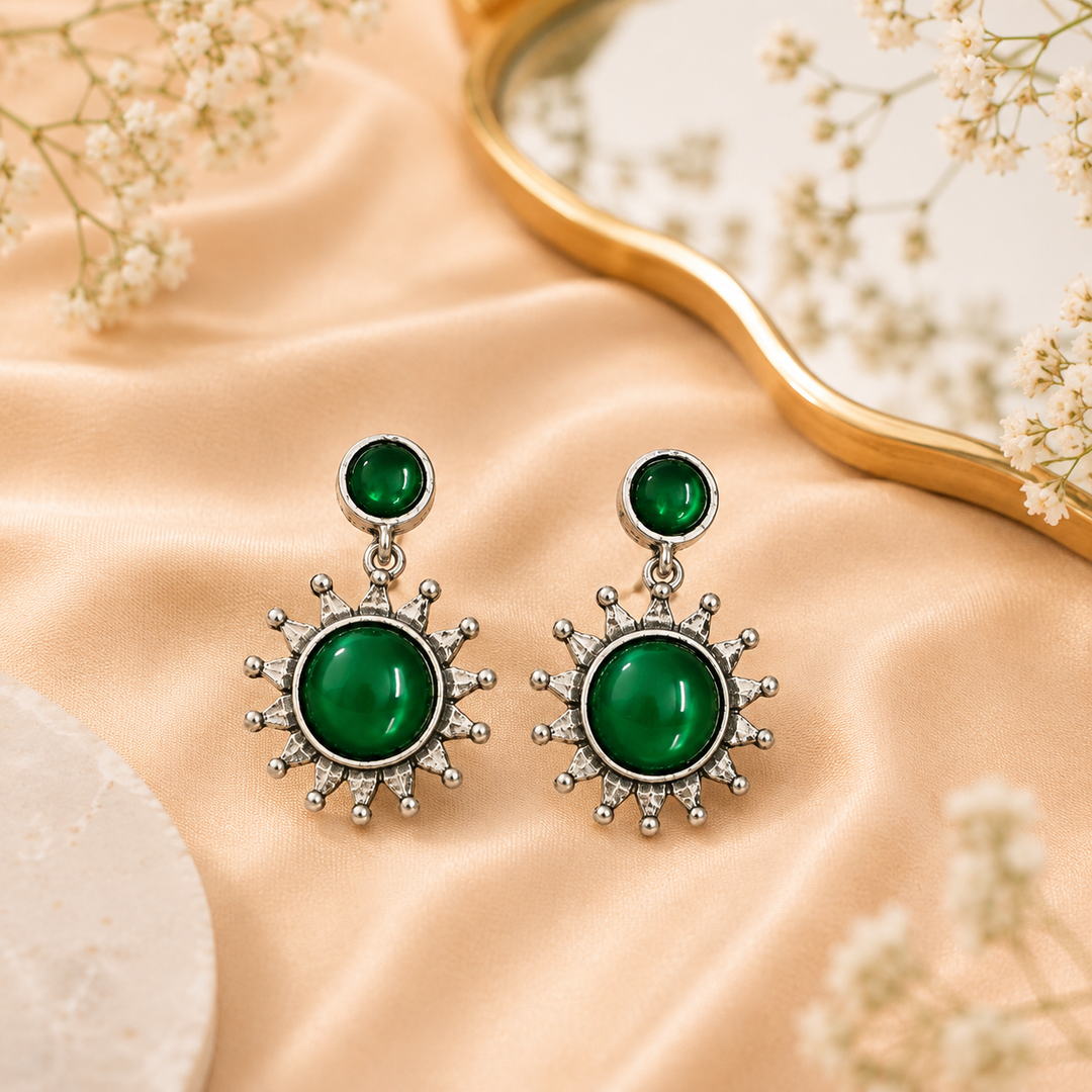 Green Stone Sunburst Oxidised Earrings