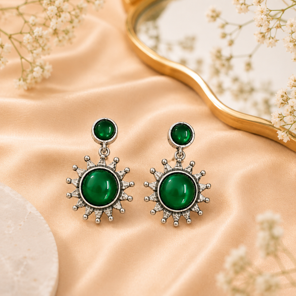 Green Stone Sunburst Oxidised Earrings