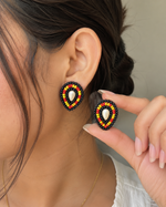 Load image into Gallery viewer, Handmade Black Red and Yellow Beaded Statement Earrings

