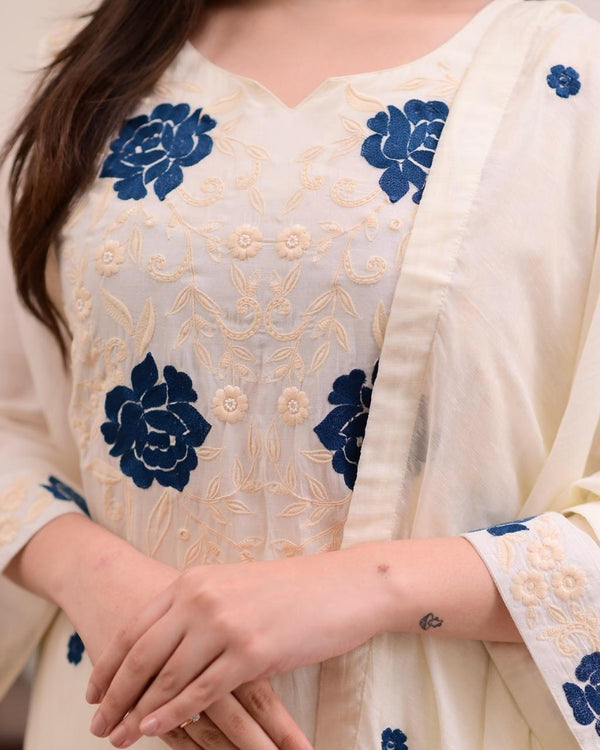 Ivory 3 Piece Set Blue Floral Embroidered - PRAVtown