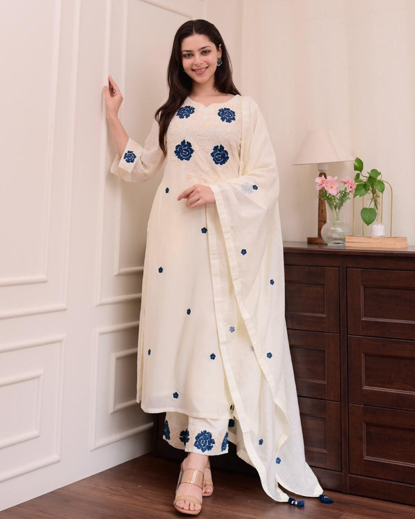 Ivory Floral Embroidered 3 Piece Kurta Pant And Dupatta Set - PRAVtown