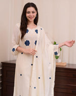 Load image into Gallery viewer, Ivory Kurta With Blue Floral Embroidery 3 Piece Set - PRAVtown
