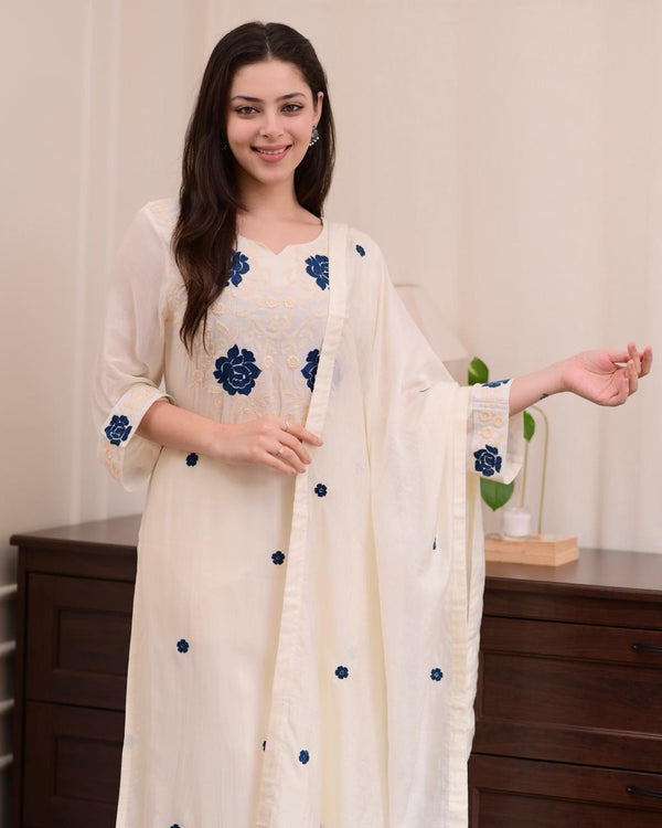 Ivory Kurta With Blue Floral Embroidery 3 Piece Set - PRAVtown