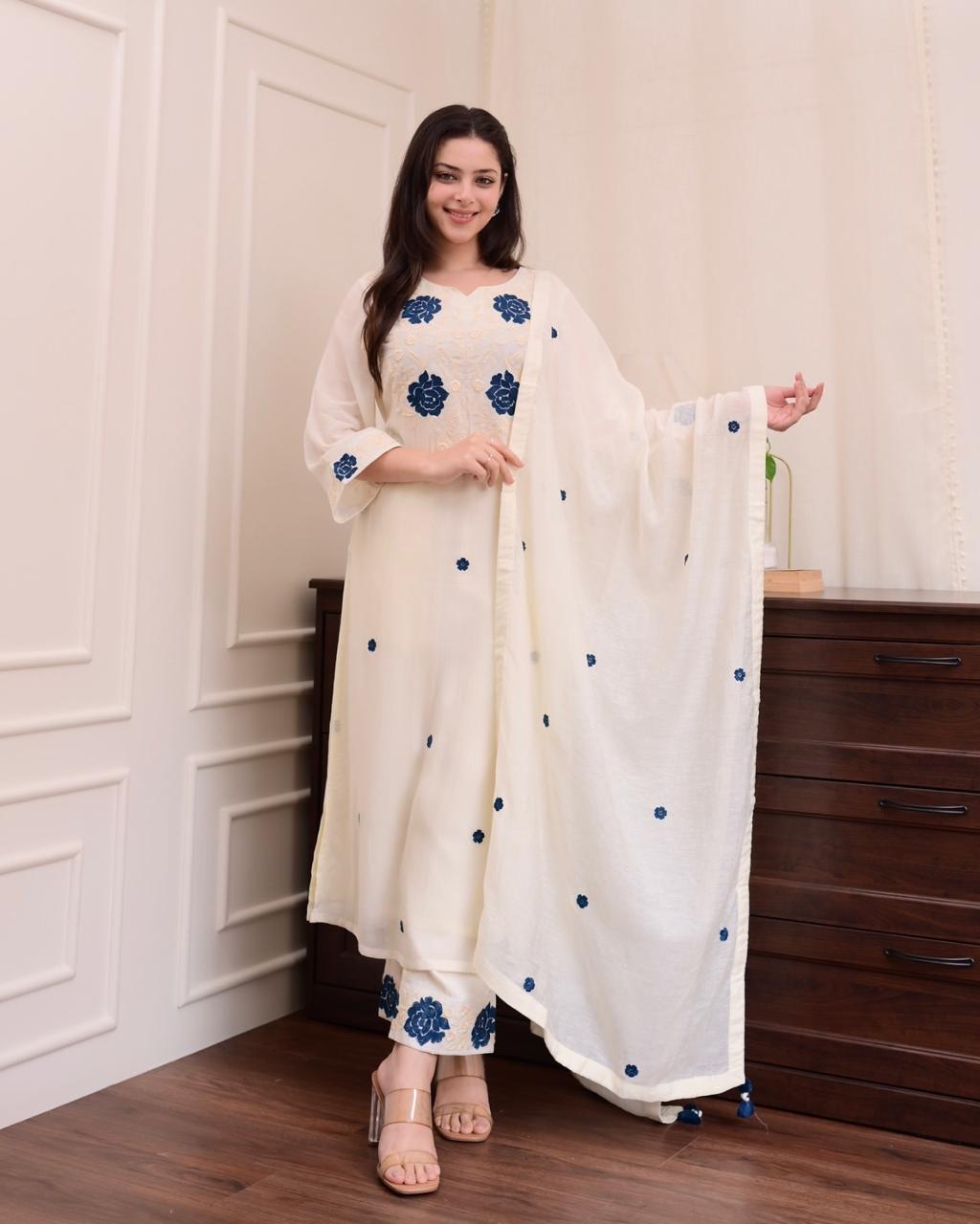 Ivory Pant With Blue Floral Embroidered Hem 3 Piece Set - PRAVtown