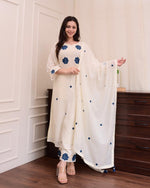 Load image into Gallery viewer, Ivory Pant With Blue Floral Embroidered Hem 3 Piece Set - PRAVtown

