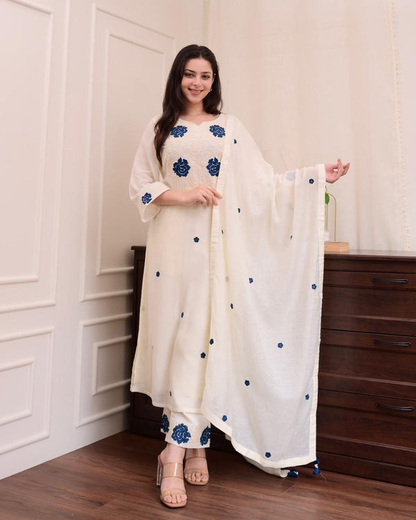 Ivory Pant With Blue Floral Embroidered Hem 3 Piece Set - PRAVtown