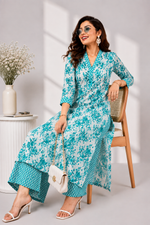 Load image into Gallery viewer, Long A-Line Coord Set Teal Floral Printed Palazzo Pants - PRAVtown
