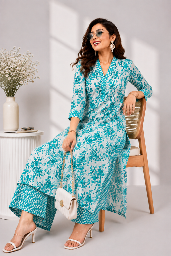 Long A-Line Coord Set Teal Floral Printed Palazzo Pants - PRAVtown