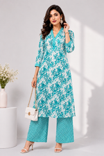 Load image into Gallery viewer, Long A-Line Kurta &amp; Palazzo Co-Ord Set Teal Floral Printed - PRAVtown
