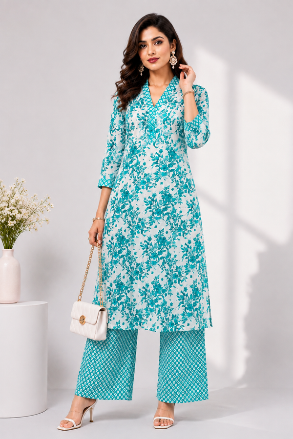 Long A-Line Kurta & Palazzo Co-Ord Set Teal Floral Printed - PRAVtown