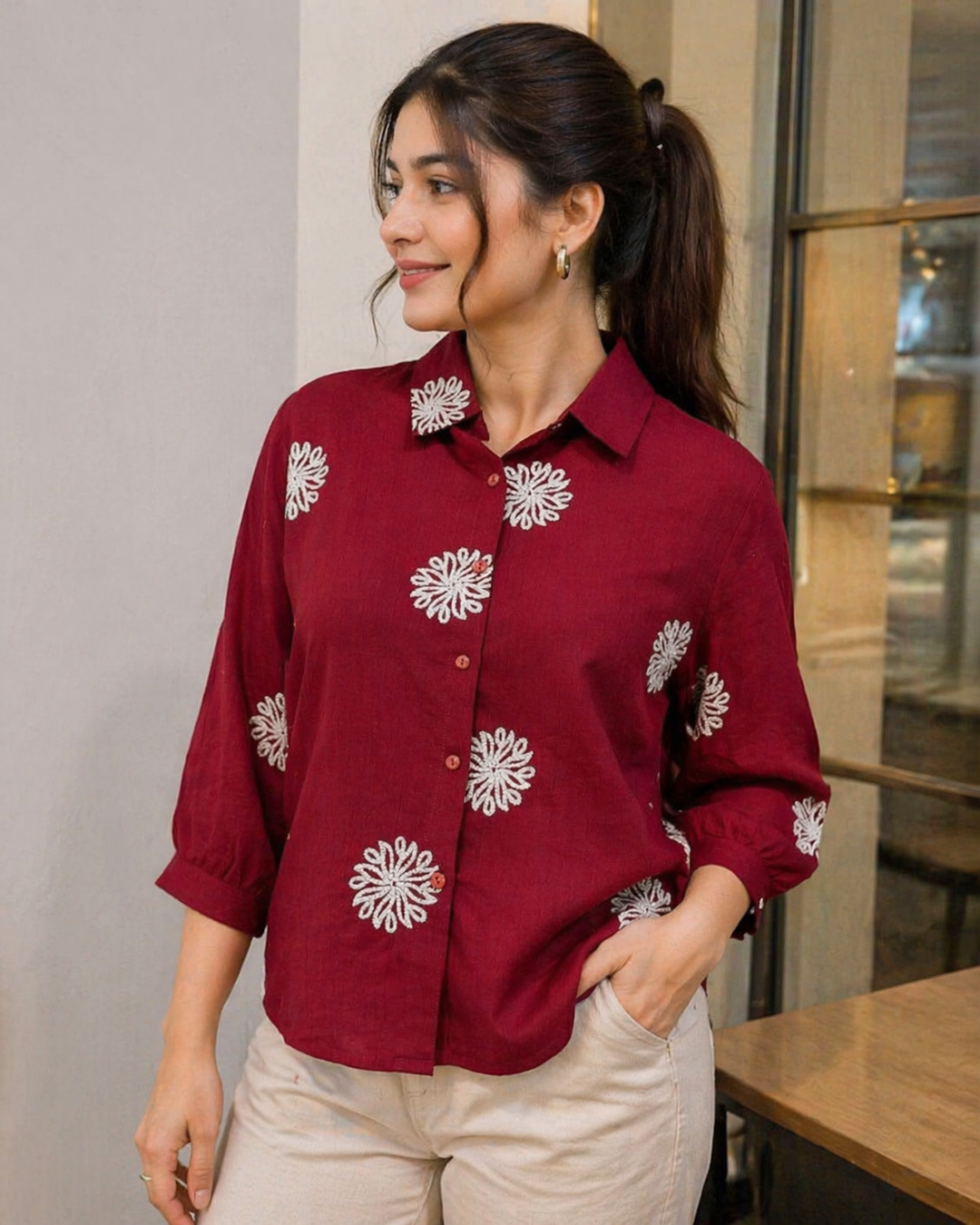 Maroon Embroidered Collared Button-Down Shirt for Office Wear