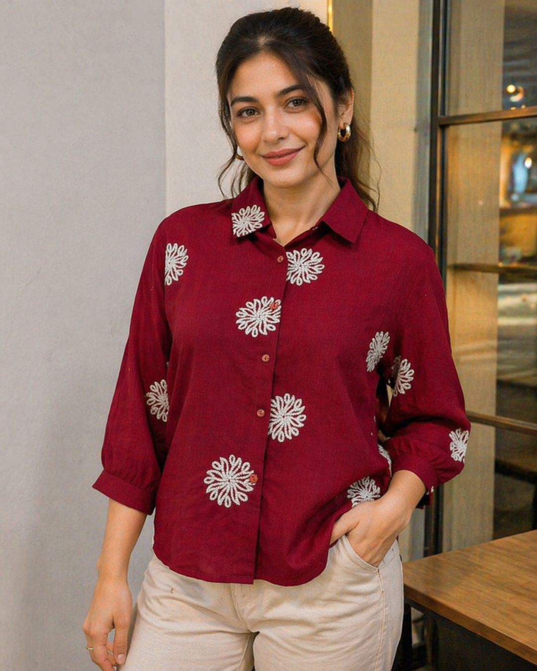 Maroon Embroidered Shirt Front View Stylish Look