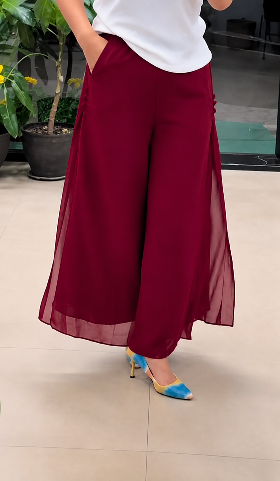 Maroon Georgette Wide-Leg Fusion Trousers with Split Detailing – PRAVtown
