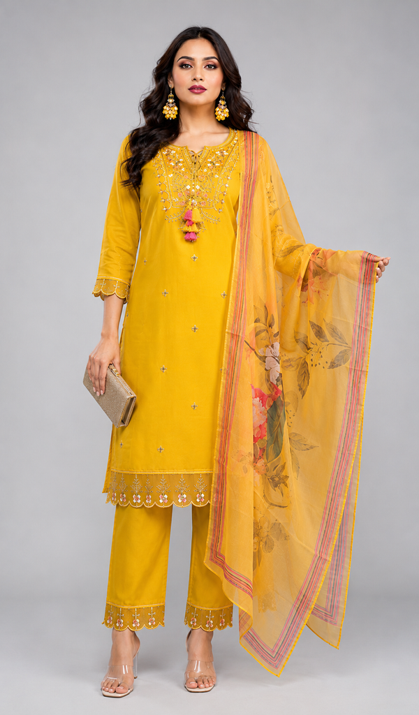 Mustard Yellow Embroidered 3-Piece Kurta Pant Set Digital Print Dupatta - PRAVtown