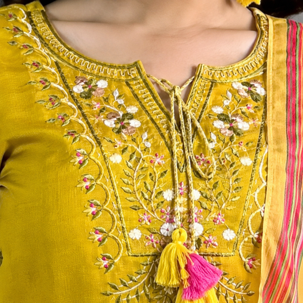 Mustard yellow 3-piece embroidered kurta pant set for women - PRAVtown
