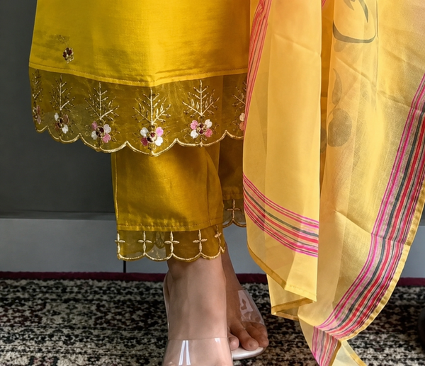 Mustard yellow embroidered kurta with matching pants and digital print dupatta - PRAVtown
