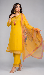 Load image into Gallery viewer, Mustard yellow festive 3-piece kurta pant set with printed dupatta - PRAVtown


