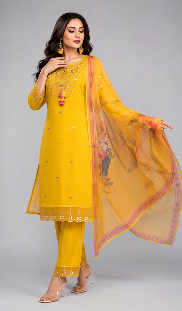 Mustard yellow festive 3-piece kurta pant set with printed dupatta - PRAVtown
