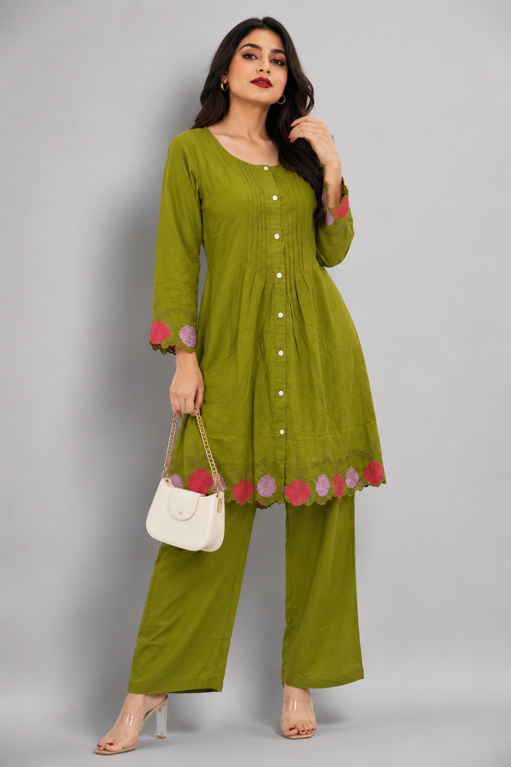 Olive Green Button-Front Co-ord Set with Floral Embroidery - PRAVtown