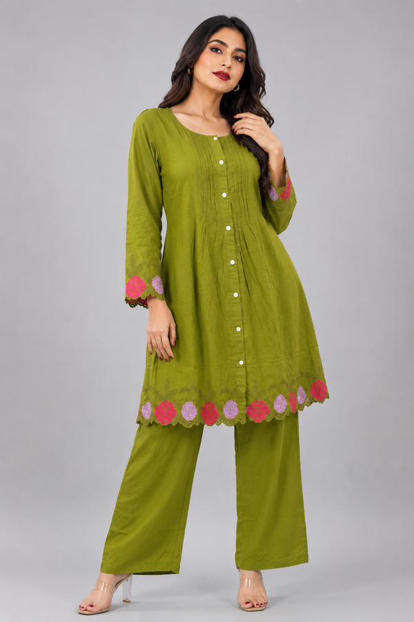 Olive Green Button-Front Embroidered Co-ord Set with Floral Detailing - PRAVtown