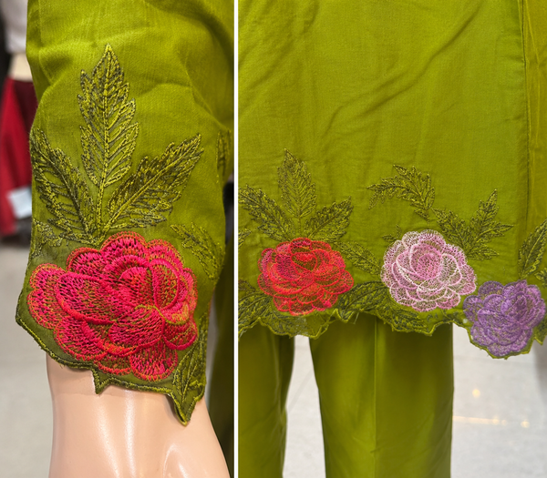 Olive Green Embroidered Kurta and Pants Co-ord Set - PRAVtown