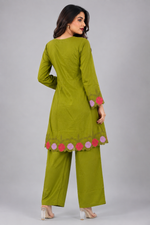 Load image into Gallery viewer, Olive Green Floral Embroidered Co-ord Set with Detailed Sleeves - PRAVtown
