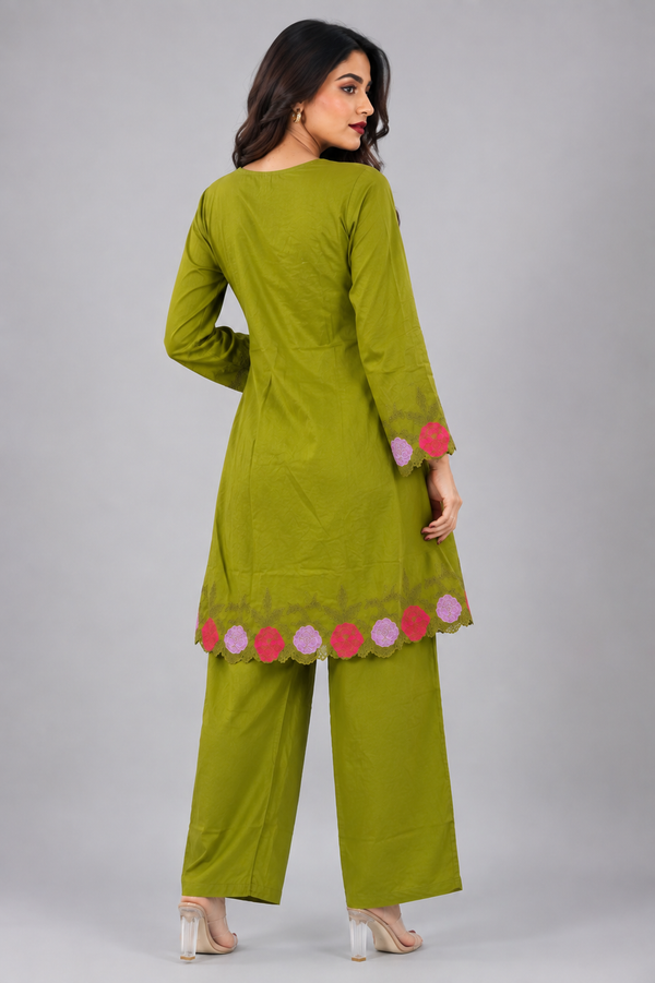 Olive Green Floral Embroidered Co-ord Set with Detailed Sleeves - PRAVtown