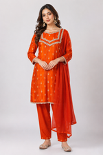 Load image into Gallery viewer, Orange 3-piece embroidered ethnic kurta set for women - PRAVtown

