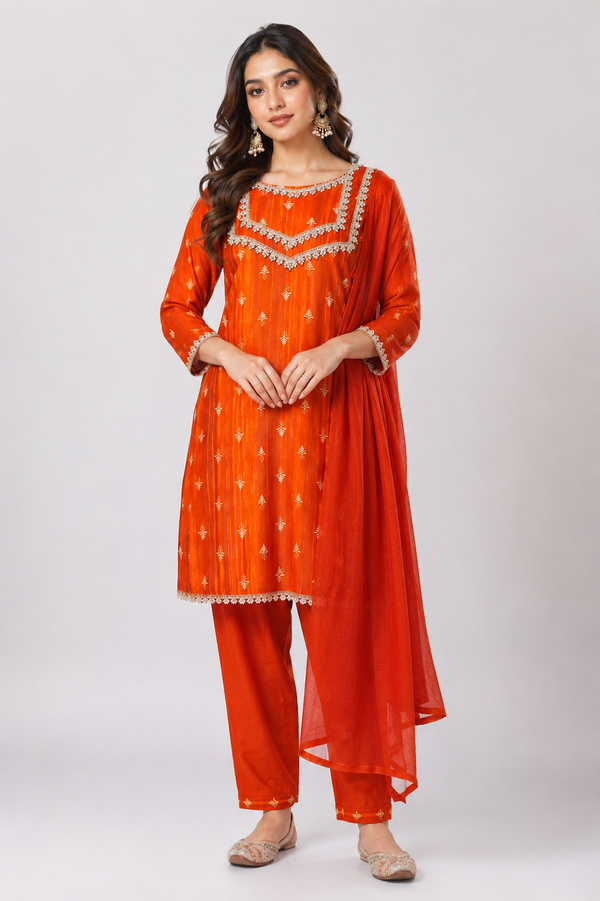 Orange 3-piece embroidered ethnic kurta set for women - PRAVtown
